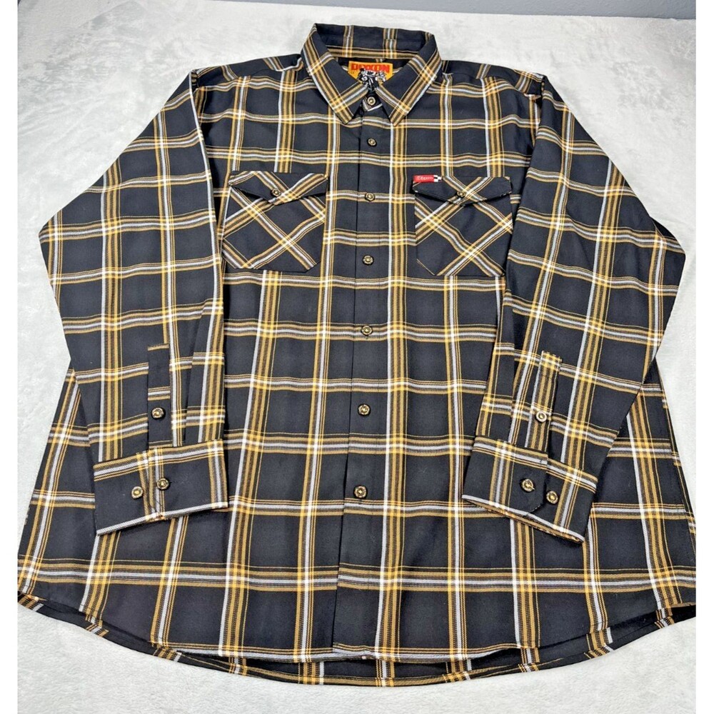 Dixxon Flannel Co The Podium Shirt Mens 4X Plaid D-Tech Black Gold Orange